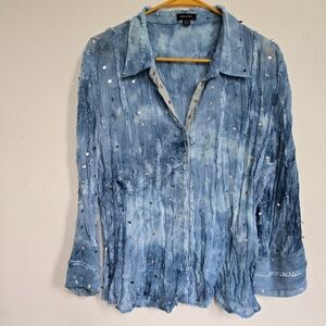 Piano Boho Y2K Blue White Tie Dye Silver Sequin Button Top XL